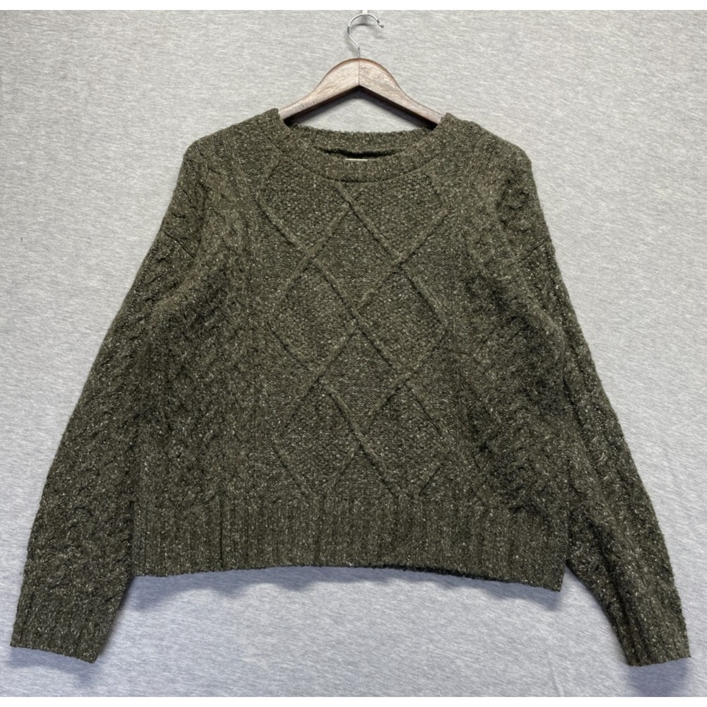 Lucky Brand Sweater Womens Small Green Cable Knit Stretch Crew Neck Long Sleeve